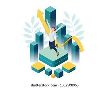Isometric business woman success, leadership, awards, career, successful projects, goal, winning plan, leadership qualities in a creative team, direction on a successful path concept