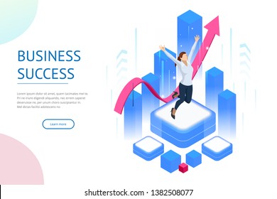 Isometric business woman success, leadership, awards, career, successful projects, goal, winning plan, leadership qualities in a creative team, direction on a successful path concept