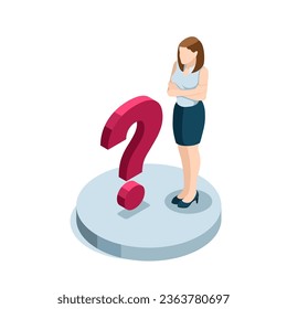 isometric business woman in a thoughtful pose stands near a question mark in color on a white background, a problem or a difficult task