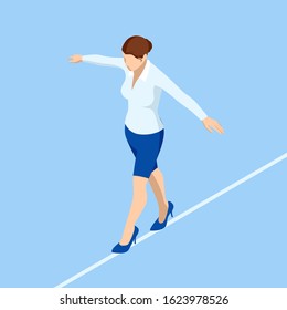 Isometric business woman tightrope walker is on the rope. Risk challenge in business, business risk, conquering adversity problems solution