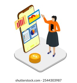 Isometric business woman use smartphone to tell about financial growth. Analyse personal or corporate budgets, and financial income. Investment, marketing, increase revenue. 3D vector illustration. 