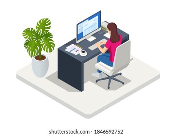 Isometric business woman working at home with laptop and papers on desk. Freelance or studying concept. Online meeting work form home. Home office.
