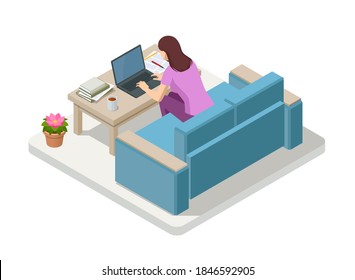 Isometric Business Woman Working At Home With Laptop And Papers On Desk. Freelance Or Studying Concept. Online Meeting Work Form Home. Home Office.