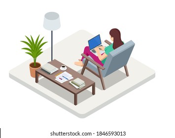 Isometric Business Woman Working At Home With Laptop And Papers On Desk. Freelance Or Studying Concept. Online Meeting Work Form Home. Home Office.