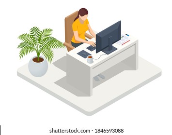 Isometric business woman working at home with laptop and papers on desk. Freelance or studying concept. Online meeting work form home. Home office.