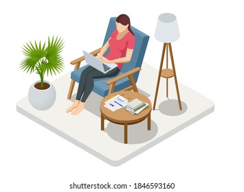 Isometric business woman working at home with laptop and papers on desk. Freelance or studying concept. Online meeting work form home. Home office.