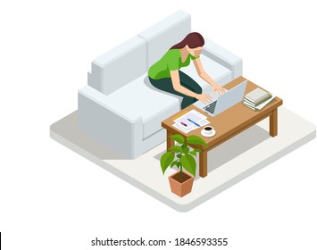 Isometric business woman working at home with laptop and papers on desk. Freelance or studying concept. Online meeting work form home. Home office.