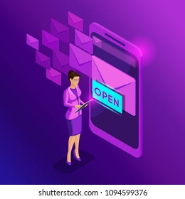 Isometric business women look Email Inbox Electronic a smartphone. Communication. E-mail marketing, Receiving messages. Inbox email