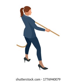 Isometric Business women stylish isolated on white. Business ladies, business woman character pose. Businesswoman pulls the rope, Tug of war and symbol of rivalry.