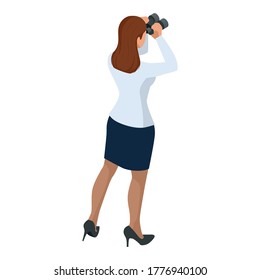 Mujeres de negocios isométricas con estilo aisladas en blanco. Mujeres de negocios, mujer de negocios pose. Mujeres de negocios que usan telescopio buscando éxito.