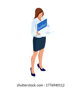 Isometric Business women stylish isolated on white. Business ladies, business woman character pose
