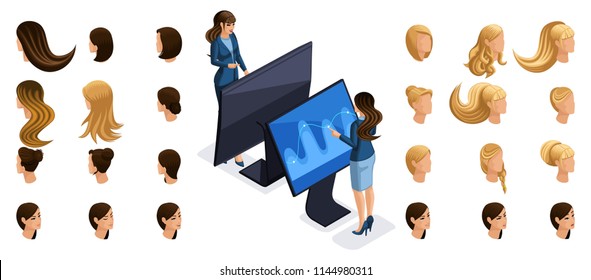 Isometric business women work with gadgets, virtual screen, front view rear view. Create stylish hairstyles for your character set № 3