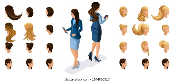 Isometric business women work with gadgets, virtual screen, front view rear view. Create stylish hairstyles for your character set № 2