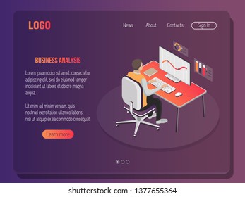 Isometric business workspace flat illustration, data analytics template. -Vector
