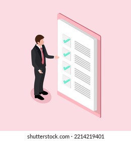 Isometric businessman with 3D white clipboard task management todo check list, work project plan concept, fast checklist, posting plan on white background, checklist 3d icon. 3d vector clipboard.