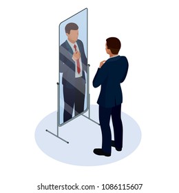 Isometric businessman adjusting tie in front of the mirror. Man checking his appearance in the mirror. Businessman looking himself in the mirror vector flat design illustration.