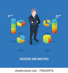 Isometric businessman analytic, planning and reporting vector illustration