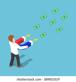 Isometric businessman attract money with a large horseshoe magnet, business success, wealth concept, VECTOR, EPS10