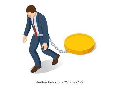 Isometric businessman is burdened with financial debt, walking with a chain around his leg. Financial obligation or loan payment, heavy load of money failure, mortgage or borrowing money problem