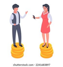 Isometric businessman and businesswoman salary equality. Office workers standing on dollar coins stacks flat vector illustration on white background