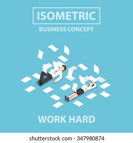 Isometric businessman and businesswoman work hard and unconscious on the floor, Flat 3d web isometric design, VECTOR, EPS10