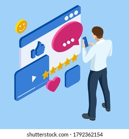 Isometric businessman character communication online social network. Social media internet connection global communications networking