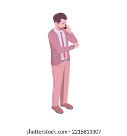 Isometric businessman character talking on phone and looking at watch 3d vector illustration