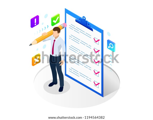 Isometric businessman with\
checklist and to do list. Clipboard with a checklist. Project\
management, planning and keeping score of the completed tasks\
concept.