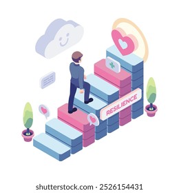 Isometric Businessman Climbing Steps of Resilience. Building Resilience and Personal Growth Concept