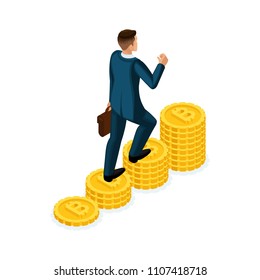 Isometric businessman climbs a hill of gold coins Crypto Currency, ICO, Bitcoin, dollars, cash, goes up, career ladder