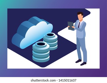 Isometric businessman with clipboard and cloud computing with database banner vector illustration graphic design