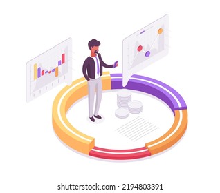 Isometric businessman data analysing, chart statistics analysis. Office worker analysing financial data 3d vector illustration. Business data analysing scene