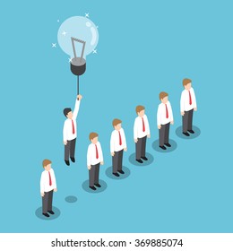 Isometric businessman flying out from the crowd by light bulb of idea, VECTOR, EPS10