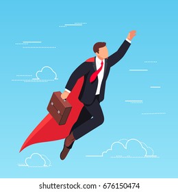 Isometric businessman flying in the sky like a superhero. 3d businessman with a briefcase in his hand flies up. Business start-up concept. Vector illustration.