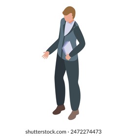 Isometric businessman in formal attire holding documents in a stylish, authoritative posture  professional illustration for business presentations and corporaterelated designs