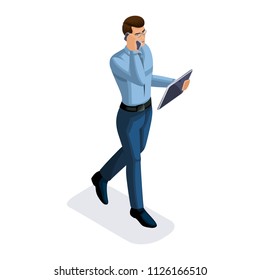 Isometric businessman with gadgets, goes and talks on the phone, business talks, young entrepreneur