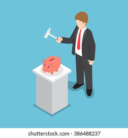 Isometric businessman with hammer in his hand ready to smash the piggy bank, financial concept, VECTOR, EPS10