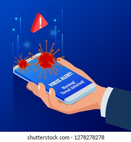 Isometric businessman hand holding a generated touch phone with virus alert on the screen concept. Hacking smartphone user database. New technologies security.