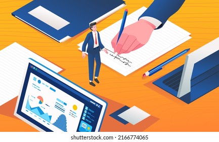Isometric businessman hand signing document on meeting table with miniature businessman character walking on the table to check. flat illustration, monochrome color