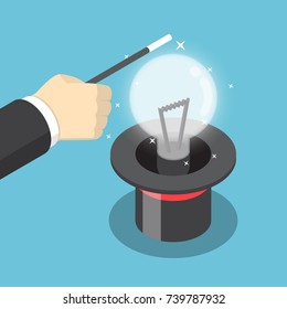 Isometric businessman hand use a magic trick to make light bulbs of idea from hat. Idea concept.
