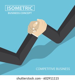 Isometric businessman hands doing arm wrestling, business competition concept