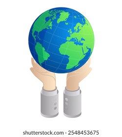 Isometric Businessman Hands Keeping Globe. Environmental Conservation Concept Isolated on White. Vector Illustration. Global Business.