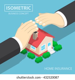 Isometric businessman hands protecting the house, real estate insurance, home insurance concept