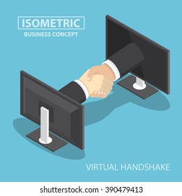 Isometric businessman hands reaching out from monitor screen to do handshake, internet working, wireless communication, online business concept