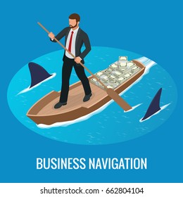 Isometric Businessman at the helm of rides on the boat. Good direction. Business concept of control and right direction