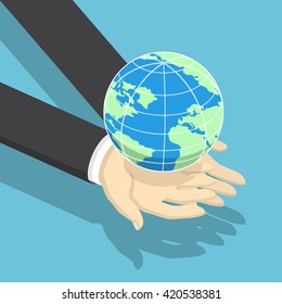 Isometric Businessman Holding Earth Globe On His Hands, Global Business, Communications, Environmental Conservation Concept, VECTOR,EPS10