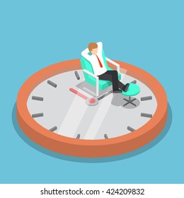 Isometric businessman holding hands behind head and relaxing on the sofa with clock, break time, time management concept, VECTOR, EPS10