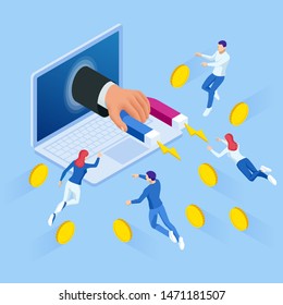 Isometric Businessman holding magnet or marketing magnet engaging followers concept.