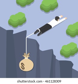 Isometric Businessman Holding On The Cliff Edge With Money Bag Tied On His Leg, Bankruptcy, Liabilities, Financial Crisis Concept