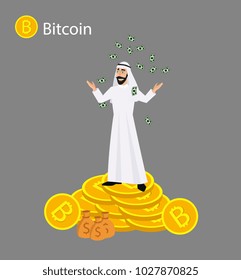 Isometric businessman investor on a stack of bitcoin. The concept for web or infographics vector illustration. Earnings growth mining crypto. Vector illustration